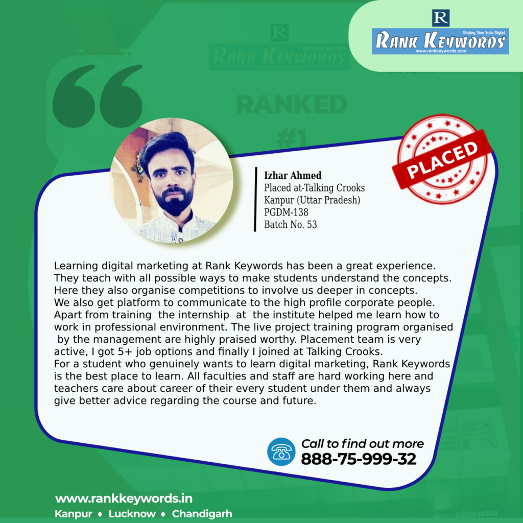 Izhar Alam student of Rank Keywords best digital marketing course in Kanpur